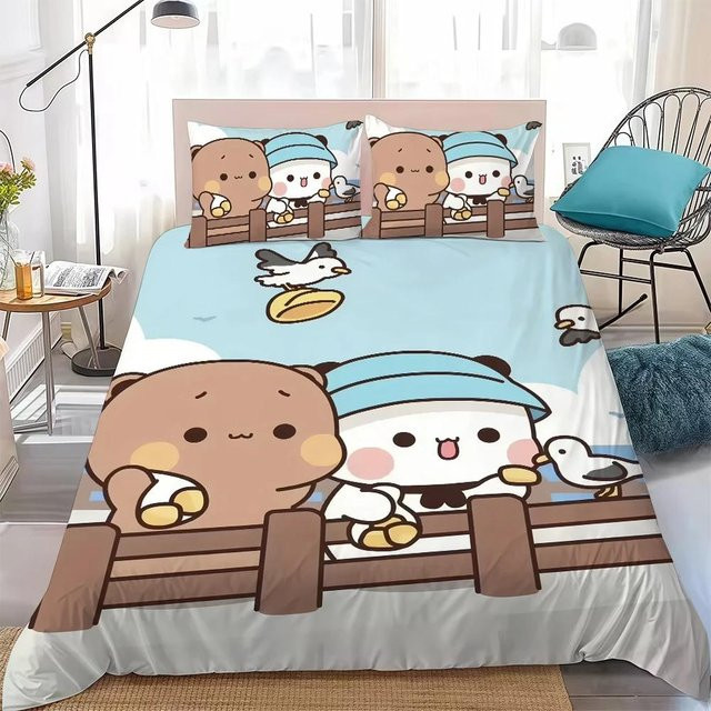 Flylo Bubu Und Dudu Kawaii Bär Bettwäsche-Set aus Mikrofaser in Blau mit Deckenbezug und Kissenbezügen, B/H: 133 x 70 cm, B/H: 75 x 50 cm - Bild 1