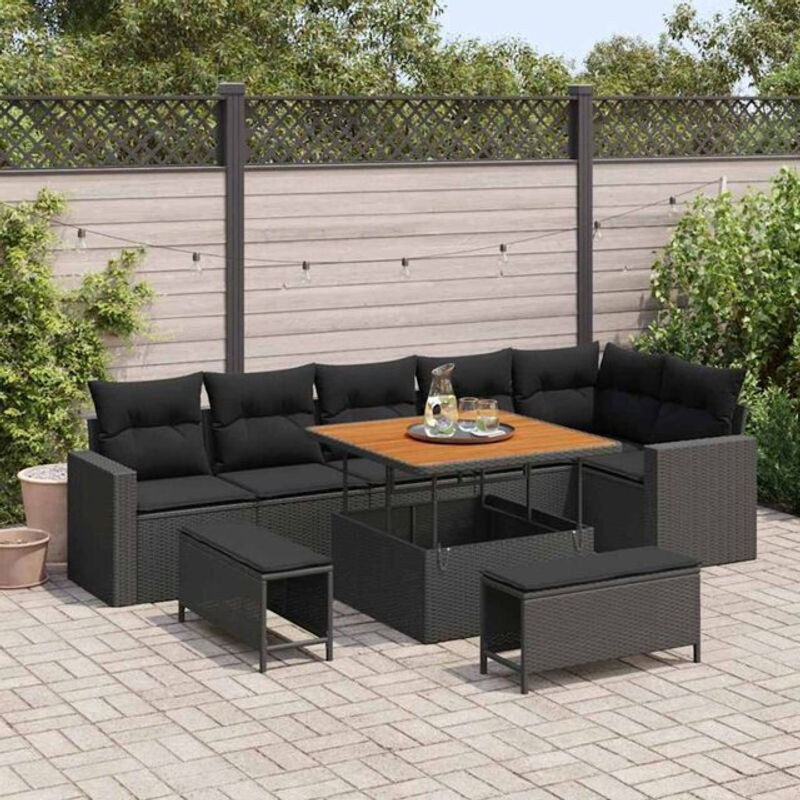 vidaXL Garten-Sofa-Set aus 9 Teilen in Schwarz, modulares Polyrattan-Gartenmöbel-Set mit Fußhocker und gepolsterten Auflagen - Bild 1