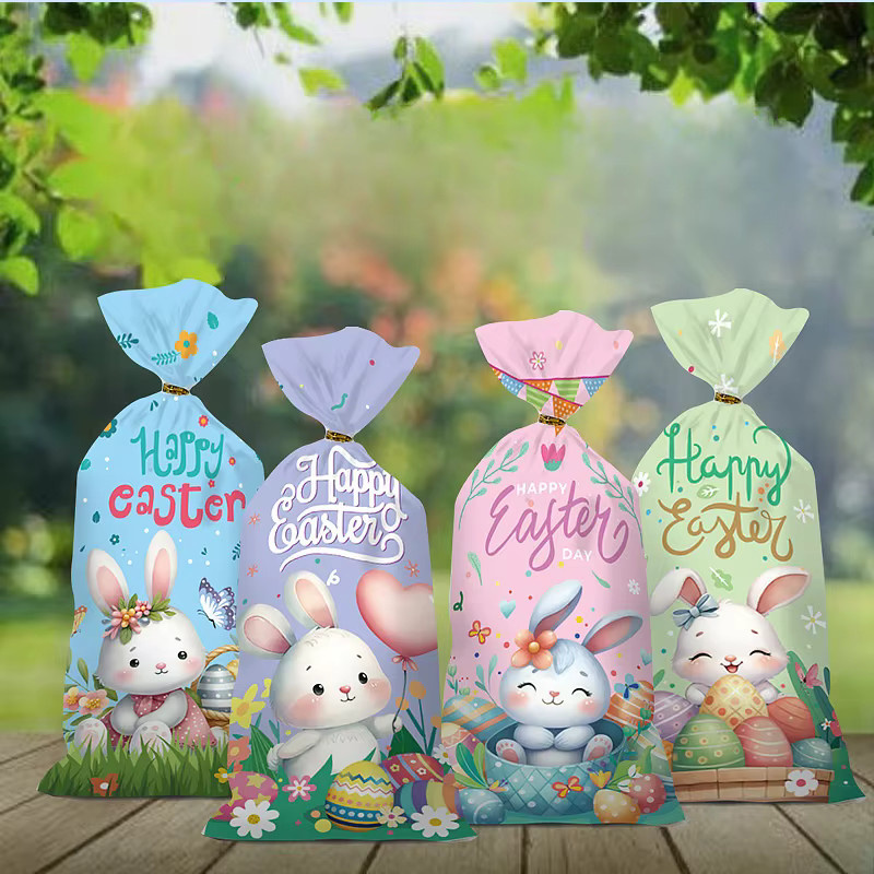 50 Stück bunte Ostern Geschenktaschen mit Kaninchen- und Osterei-Muster sowie goldener Krawatte zur Dekoration - Bild 2