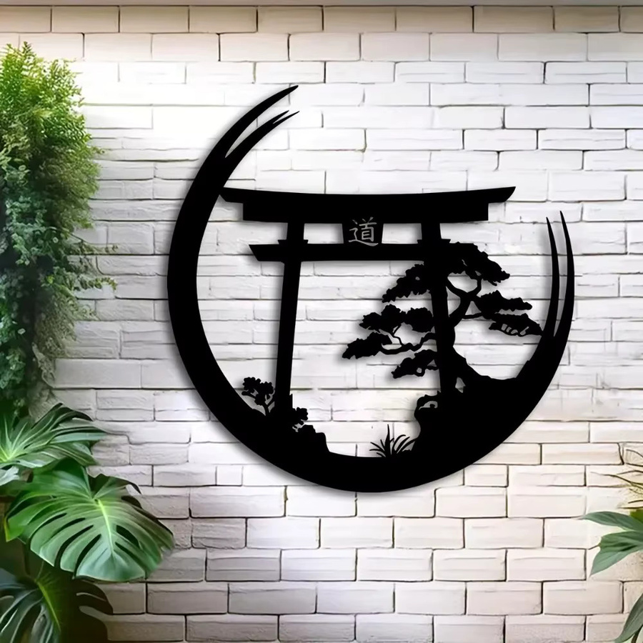 CIFBUY Japanische Torii-Tor Metall-Wandkunst in Schwarz mit Mond- und Bonsai-Motiv - Bild 2