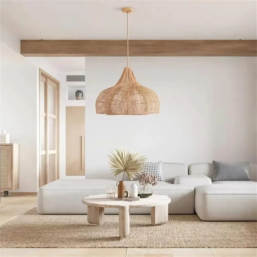 JOYINLED Rattan-Kronleuchter Beige, handgewebte Boho Pendelleuchte für E27, Durchmesser: 60 cm - Bild 2