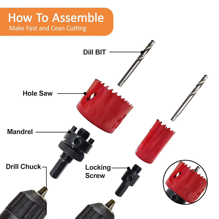Podofo 19-teiliges M42 Bi-Metall Lochsägen-Set in Rot mit 11 Sägeblättern, 2 Schaftstücken und 3 Bohrern für Aluminium, Holz und PVC - Bild 4