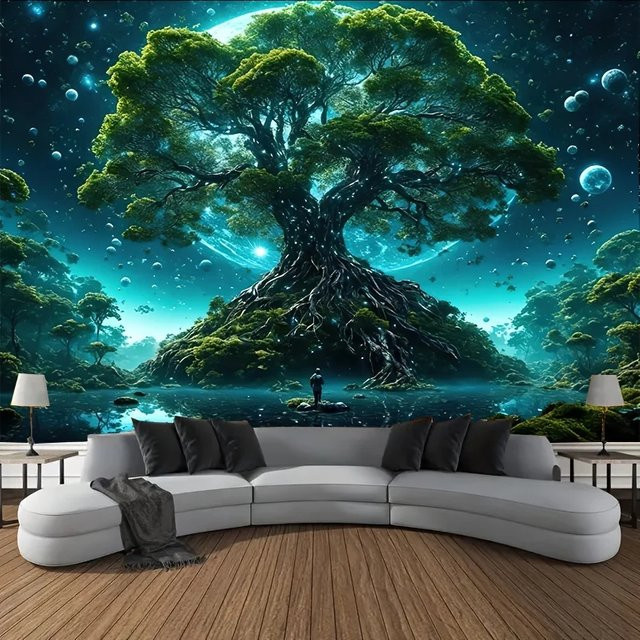 VIKAMA Fantasy-Wandteppich Baum des Lebens in Multicolour mit magischem Wald, Mond und Sternen als Wandbehang für dein Wohnzimmer oder Schlafzimmer - Bild 1