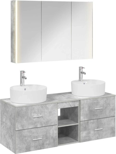 vidaXL Badezimmermöbel-Set 4-teilig in Grau mit Waschtischunterschrank, Spiegelschrank und Wandunterschrank aus Holz und Glas mit LED-Beleuchtung - Bild 1
