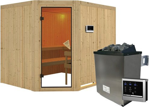 Karibu Sauna Haaspsalu aus Fichtenholz in Beige inklusive 9 kW Saunaofen mit externer Steuerung für 4 Personen, B/T/H: 231,0 x 198,0 x 196,0 cm - Bild 1