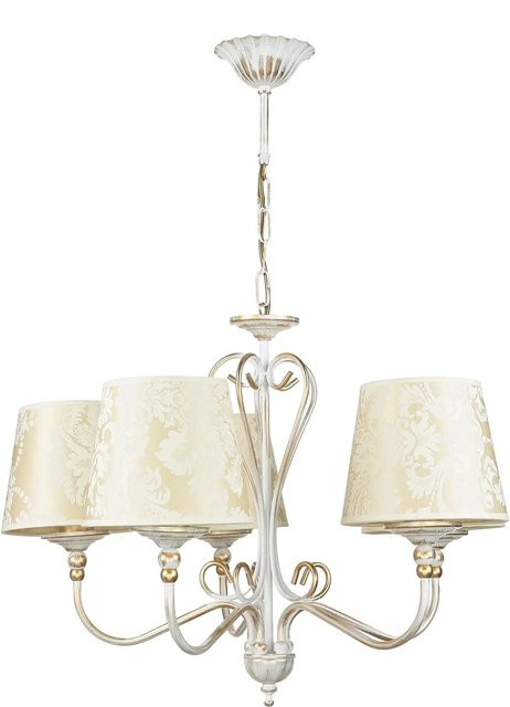 Licht-Erlebnisse Kronleuchter im Shabby Chic Design mit Stoffschirm in Gold und Beige, Barock Muster, 5x E27 - Bild 1