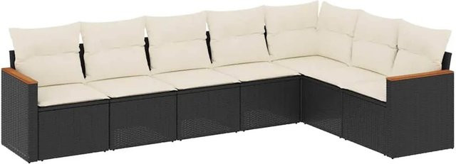 vidaXL 7-tlg Garten-Sofagarnitur in L-Form aus Poly-Rattan und Akazienholz mit Kissen in Schwarz und Cremeweiß - Bild 1