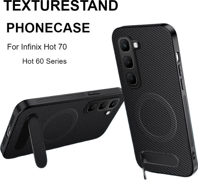 Magnetgehäuse mit Carbonfaser-Textur für Infinix Hot 70, Hot 60 Pro Plus, 60i, 50i und 50 Pro mit faltbarem Ständer und stoßfester Rückabdeckung in Schwarz oder Grau - Bild 1