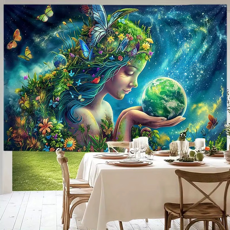 VIKAMA Wandteppich Erde-Göttin mit mystischem Gaia-Motiv in Grün und Multicolour, Wandbehang im Boho-Stil, Breite: 60 cm, Höhe: 40 cm - Bild 3