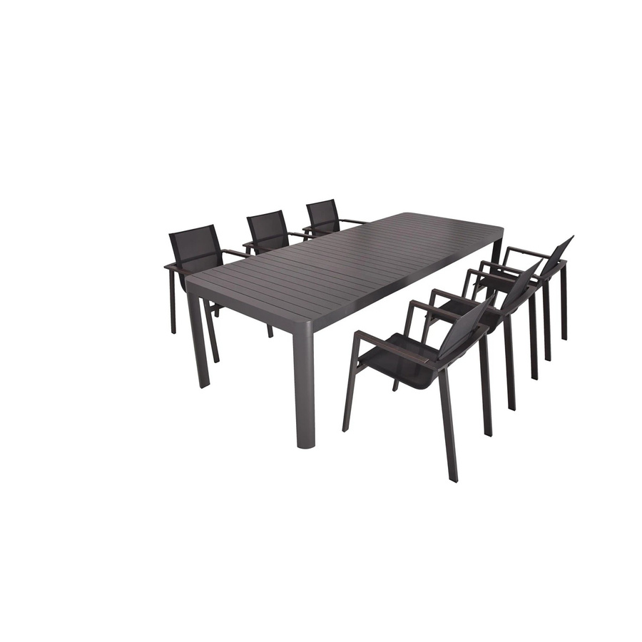 DELUKE Garten-Sitzgruppe ENZO 7-teilig in Dunkelgrau mit ausziehbarem Esstisch und Stapelstühlen aus Aluminium und Kunststoff im Industrial-Design - Bild 2