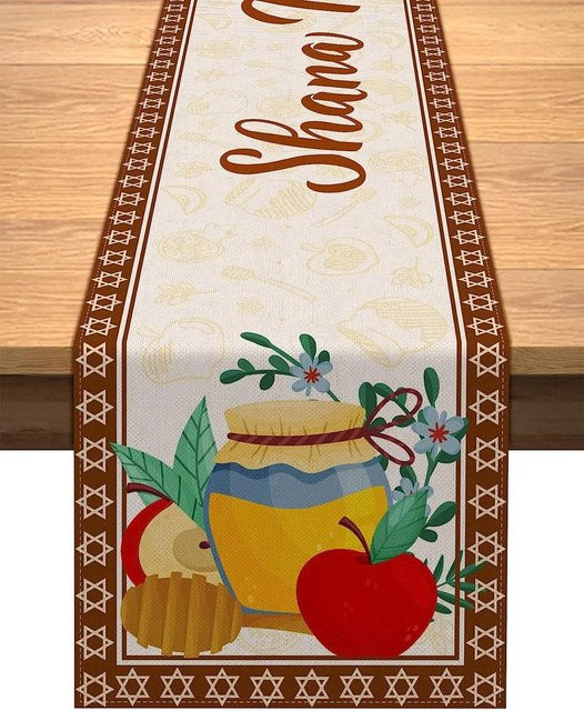 JMG Household Supplies Tischläufer Shana Tova Granatapfel Honig aus Leinen, Mehrfarbig, B: 150 cm, T: 33 cm - Bild 1