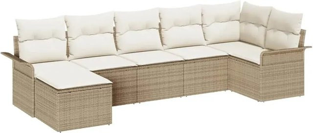 vidaXL Garten-Sofa-Set aus Poly Rattan in L-Form mit 7-teiligem Set, Kissen und integriertem Stauraum, Beige/Weiß - Bild 1