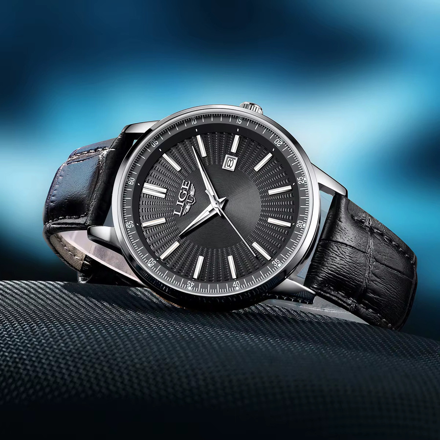 LIGE Armbanduhr Quarz, Lederarmband, Schwarz, Herren - Bild 6