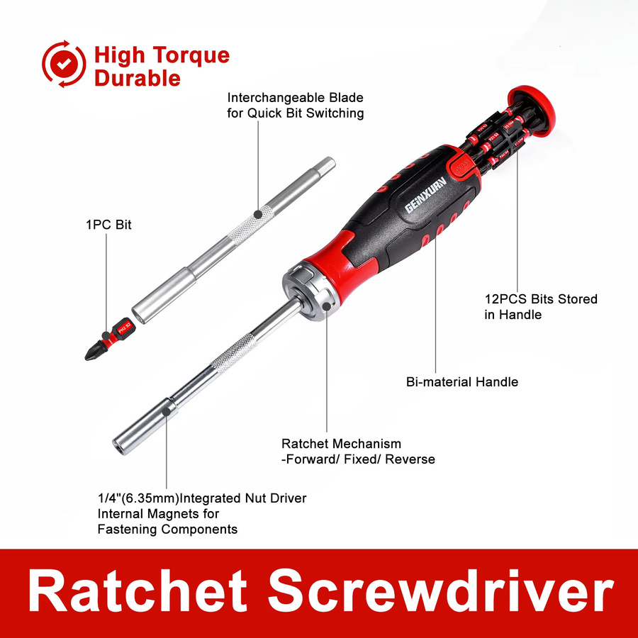Geinxurn Ratschenschraubendreher Set mit Aufbewahrung, magnetischer Multi-Bit Schraubendreher mit 1/4 Zoll Sechskantschaft für Reparaturarbeiten - Bild 5