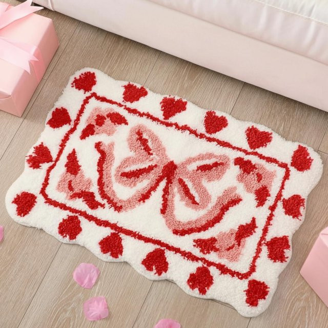 VIKAMA Badteppich Herz-Schleife in Rot, rutschfeste und waschbare Badematte für Badezimmer, Küche oder Schlafzimmer, B/T: 60 x 40 cm - Bild 1