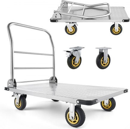 VEVOR Plattformwagen aus Stahl, faltbarer Schwerlast-Plattformwagen mit Lenkrollen und Griff, Silber, B/T/H: 89,9 x 59,9 x 90,0 cm - Bild 1
