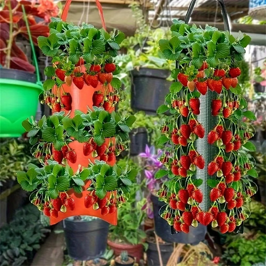 Vertikaler Pflanzbeutel mit 6 Löchern für Erdbeeren und Gemüse, Grün, B/H: 25 x 70 cm - Bild 5