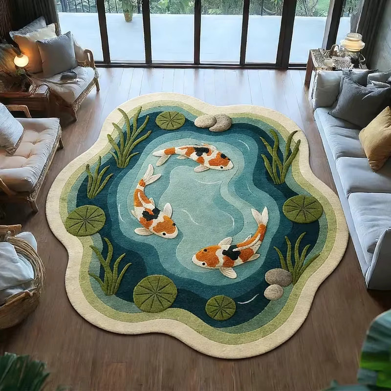 VIKAMA Runder Teppich mit Koi-Fisch Muster in Multicolour, Weicher Plüschteppich mit rutschfester Bodenmatte für Wohnzimmer, Schlafzimmer und Arbeitszimmer, Durchmesser: 80 cm - Bild 1