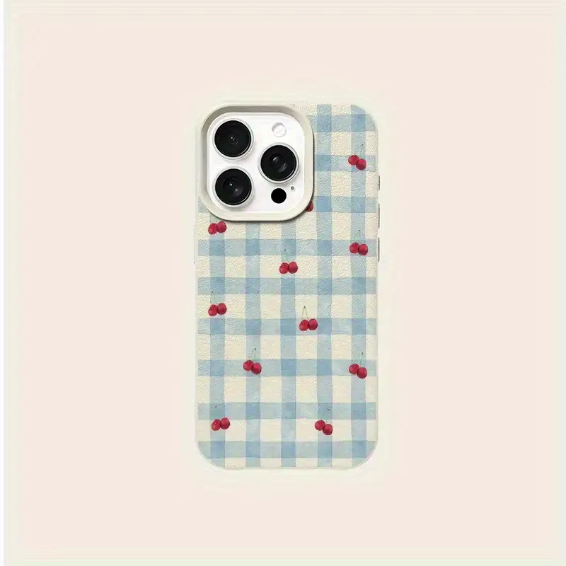 Handyhülle mit Red Cherry Plaid Muster und Lychee-Struktur für iPhone 17, 16, 15 Pro Max Plus Series in Rot und Beige - Bild 4