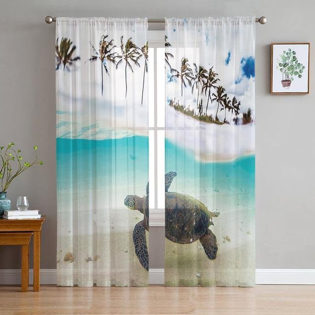 A Family Of Home Textiles Transparente Tüllvorhänge mit Schildkröten-Motiv in Blau und Grün, Breite: 135 cm, Höhe: 244 cm - Bild 1