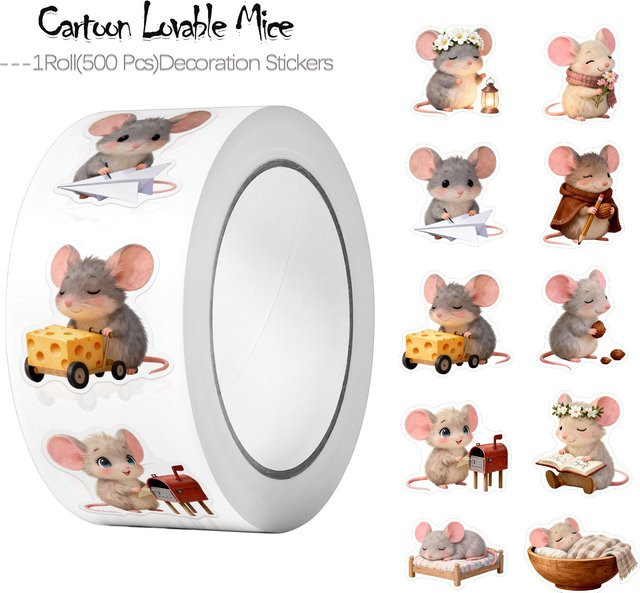 500 Stück Cartoon Maus und Käse Aufkleber mit 10 Designs in Multicolour für Bastelarbeiten und Deko - Bild 1