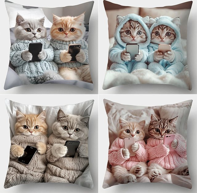 4er-Set ZZN Kissenbezüge mit Katzen-Motiv in Brillen- und Bücher-Design, quadratisch, Polyester, Mehrfarbig, B/T/H: 45 x 45 x 0 cm - Bild 1
