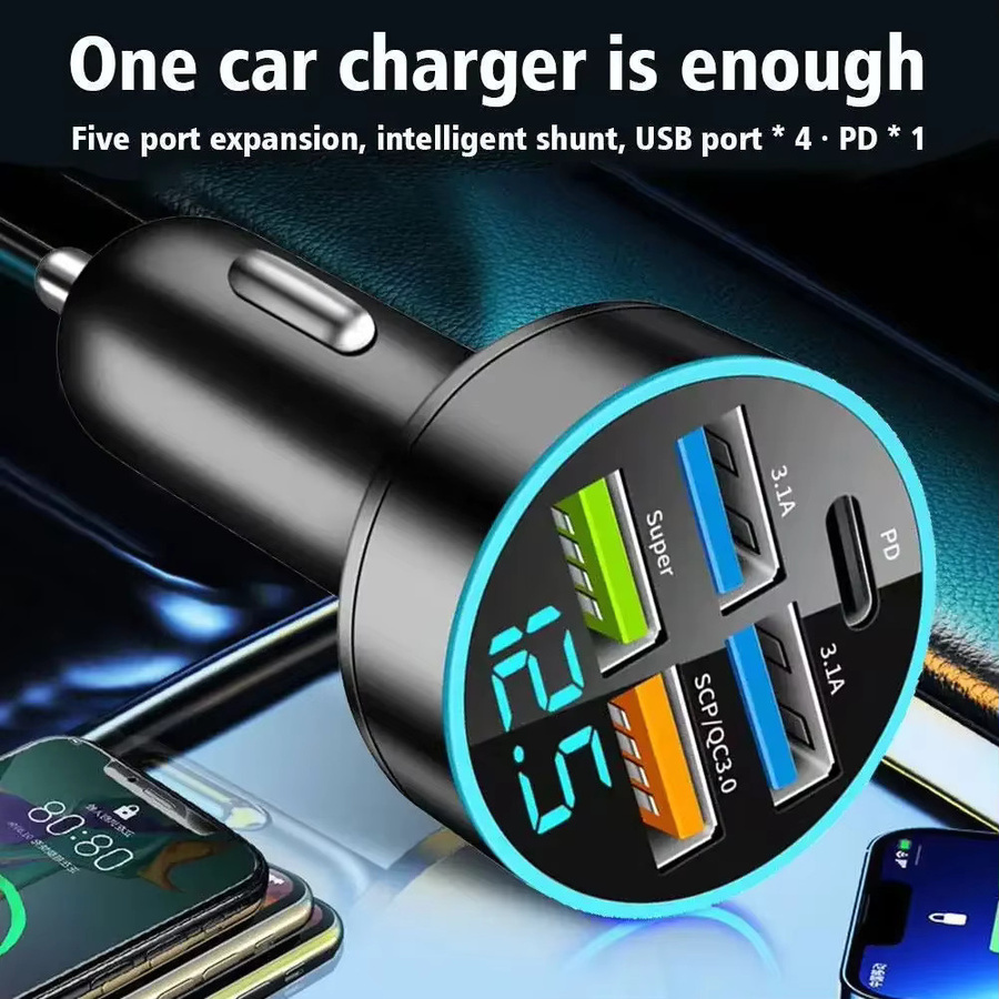 PD-Autoladegerät mit 250 W und QC3.0 Schnellladung, 5-Port USB-C Zigarettenanzünder-Stecker mit Digitalanzeige in Schwarz - Bild 3