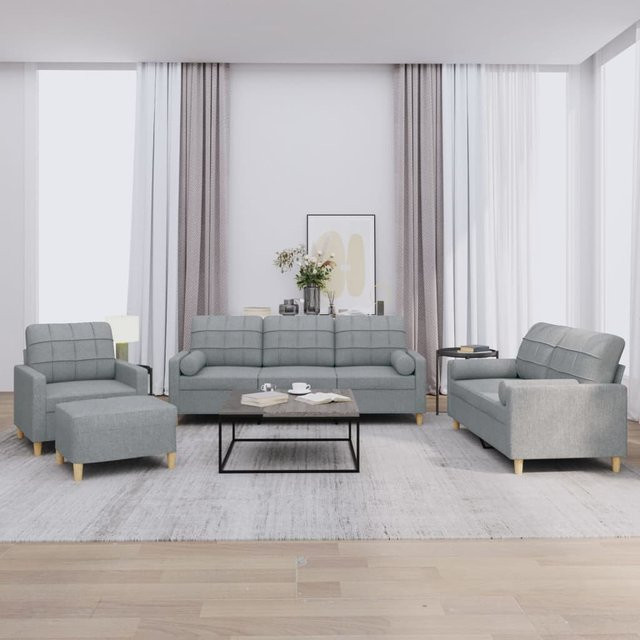 vidaXL 4-teilige Sofagarnitur in Hellgrau mit Stoffbezug und Kissen, bestehend aus 3-Sitzer-Sofa, 2-Sitzer-Sofa, Sessel und Ottoman - Bild 3