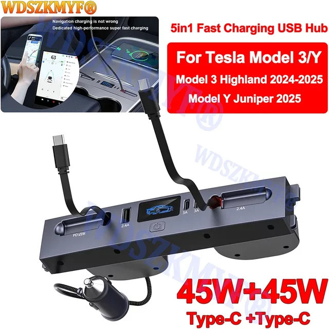 WDSZKMYF USB-C Erweiterungsdock für Tesla Model Y Juniper 2025 und Model 3 Highland 2024, Schnellladestation mit 65W und 45W Zentralsteuerung, Farbe: Schwarz - Bild 1