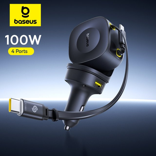 Baseus 100W Autolader mit PD und QC Schnellladefunktion, 4 Anschlüsse inklusive zwei integrierten USB-C Kabel, 450 Grad rotierbar, Schwarz - Bild 1