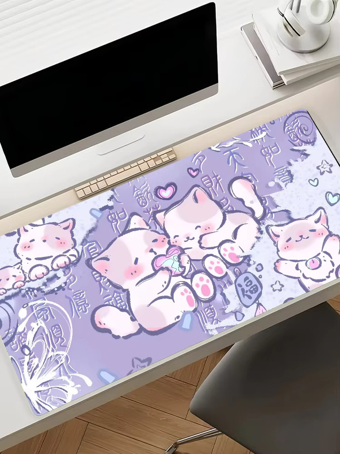 Großes XXL Mauspad Anime Niedliche Katze Segensbringer in Lila, rutschfeste Schreibtischunterlage für PC und Laptop - Bild 6
