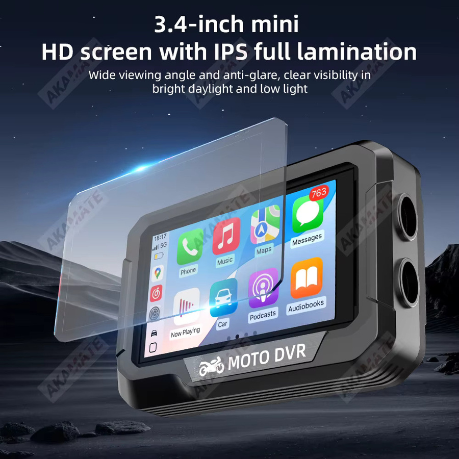 AKAMATE Motorrad Navigation Monitor mit 3,4 Zoll HD Digital Display, CarPlay, Android Auto und Bluetooth, wasserdicht, Schwarz - Bild 4