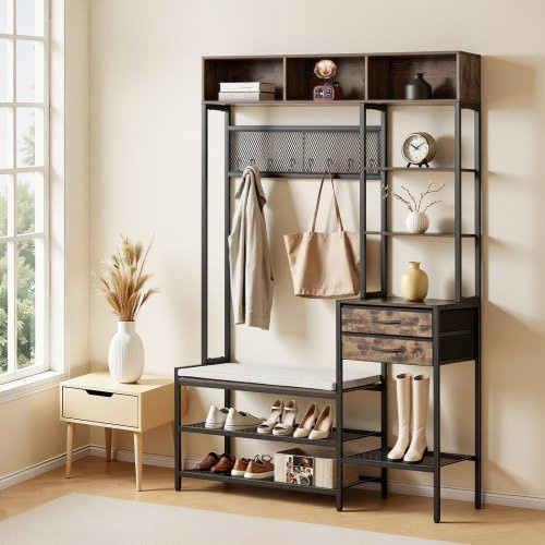 VEVOR Multifunktionale Flurgarderobe in Schwarz mit Schuhbank, 2 Schubladen und Bücherablage, Hall Tree aus Stahl mit Metallgitter, B/T/H: 120 x 40 x 180 cm - Bild 1