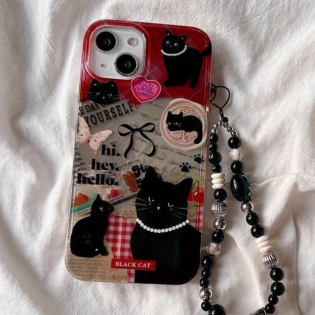 Schwarze Handyhülle mit Katzenmuster und Perlen-Lanyard für iPhone 11 bis iPhone 17 Pro Max und weitere Modelle - Bild 1