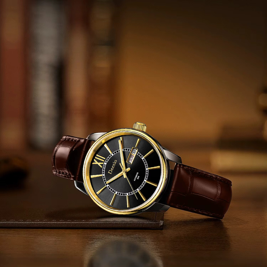 Deesio Automatikuhr, Edelstahlgehäuse, Lederarmband, Schwarz, Herren - Bild 1