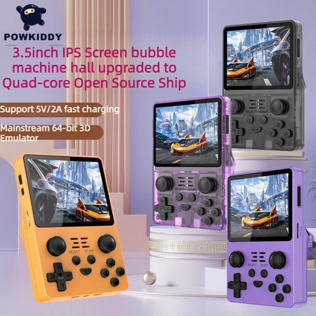 Powkiddy RGB20S Handheld-Spielkonsole in Purple mit 3,5 Zoll IPS-Bildschirm und 64/128GB Speicher für Retro- und Arcade-Emulationen - Bild 1