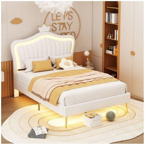 MUVOE Kinderbett mit Muschel-Design in Weiß aus PU-Leder und LED-Beleuchtung, Breite: 90 cm, Tiefe: 200 cm - Bild 1