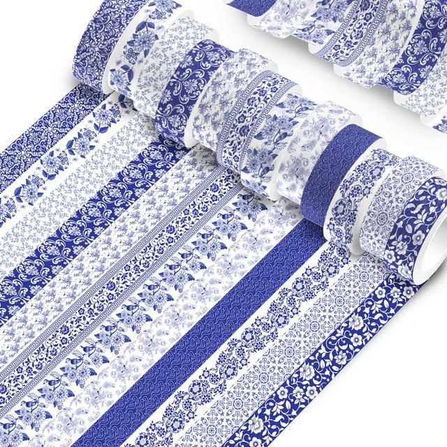 12 Stück Washi Tape Set mit blau-weißem Porzellan-Design und Blumenmustern für Scrapbooking und DIY Dekoration - Bild 1