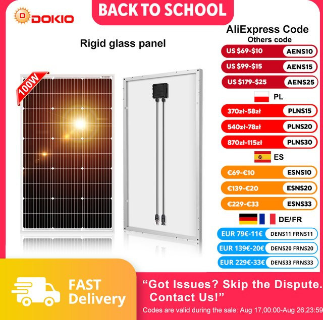 DOKIO 100W Monokristallines Solarpanel 18V, Wasserdichtes Solarpanel in Schwarz zum Laden von 12V-Geräten für Camping, Wohnmobil und Heim - Bild 1