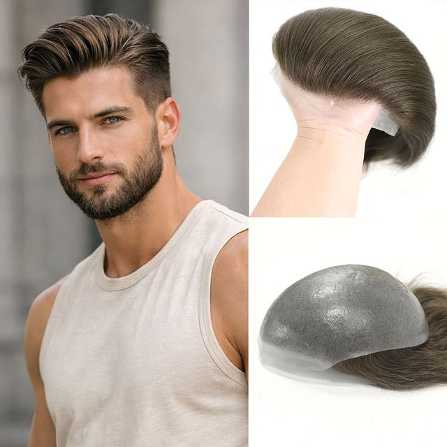 Bfirehair Echthaar-Toupet für Herren, Aschbraun, Voll-PU-Haut - Bild 1