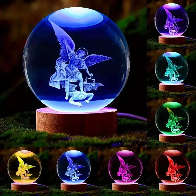 3D-Statue des Schutzengels St. Michael mit Dämonentöter-Kristallkugel als LED-Nachtlicht in Multicolour für den Tisch - Bild 3