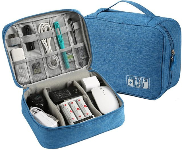 Wasserdichte Kabelaufbewahrungstasche von Yiran als tragbarer Elektronik-Organizer in Blau für USB-C Kabel und Ladegeräte - Bild 1