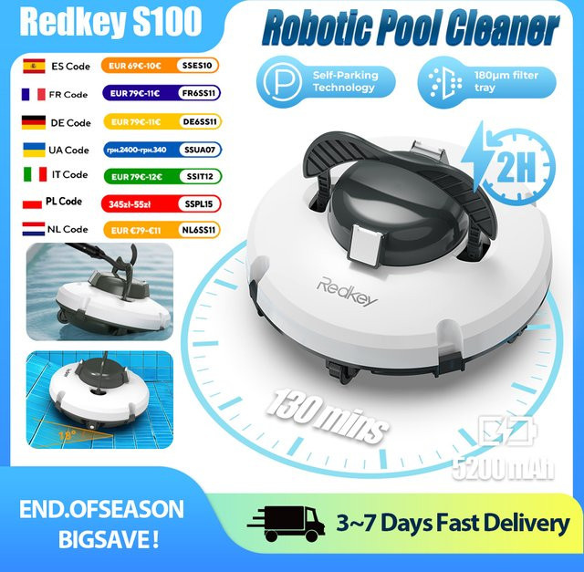 Redkey S100 Kabelloser Roboter-Poolreiniger in Weiß mit Doppelmotoren und Selbstparkfunktion für Flachboden-Pools - Bild 1