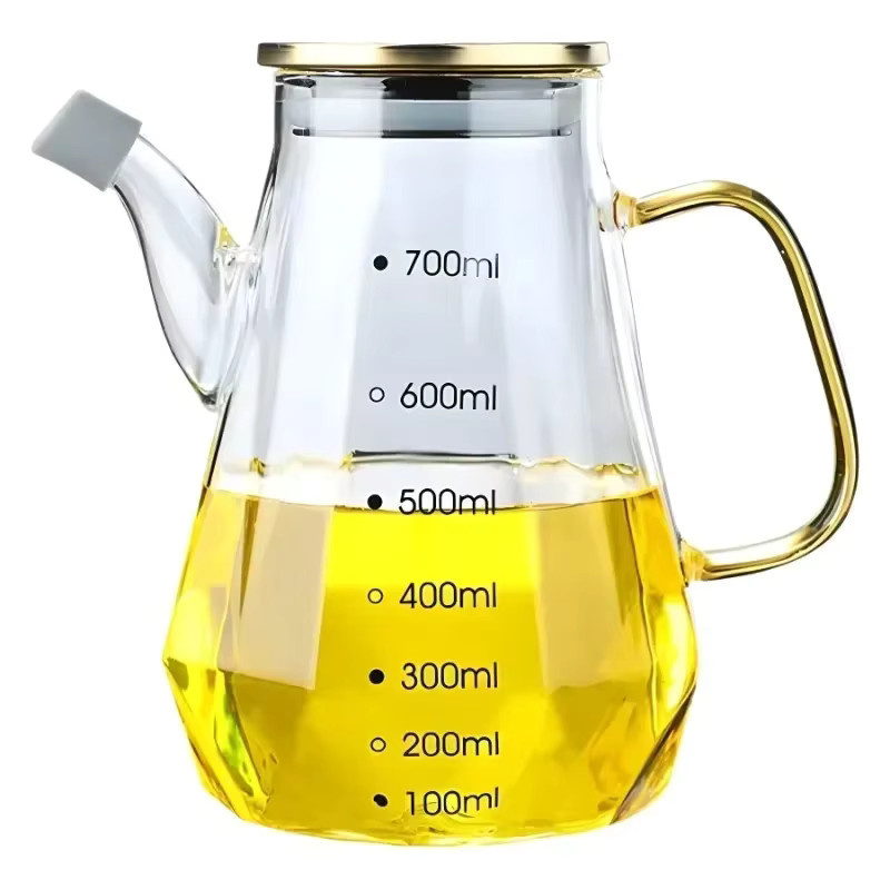 JUSTINLAU Glas-Ölbehälter mit Skala und Deckel, auslaufsichere Diamant-Ölflasche für Essig und Gewürze, transparent, 500 ml/700 ml/900 ml - Bild 3