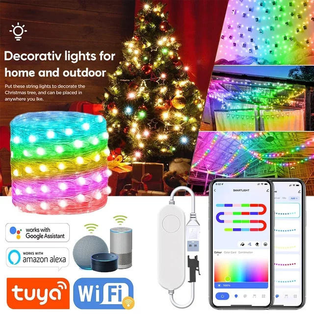 TUYA RGBIC LED Lichterkette mit 200 LEDs und Musik-Synchronisation, 20 Meter Kupferdraht in Multicolour - Bild 1