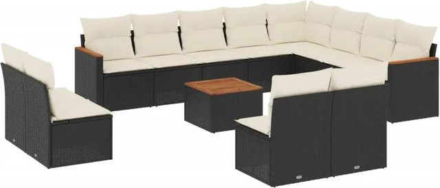 vidaXL 13-tlg. Garten-Sofagarnitur aus Poly-Rattan und Akazienholz in Schwarz mit Kissen - Bild 1