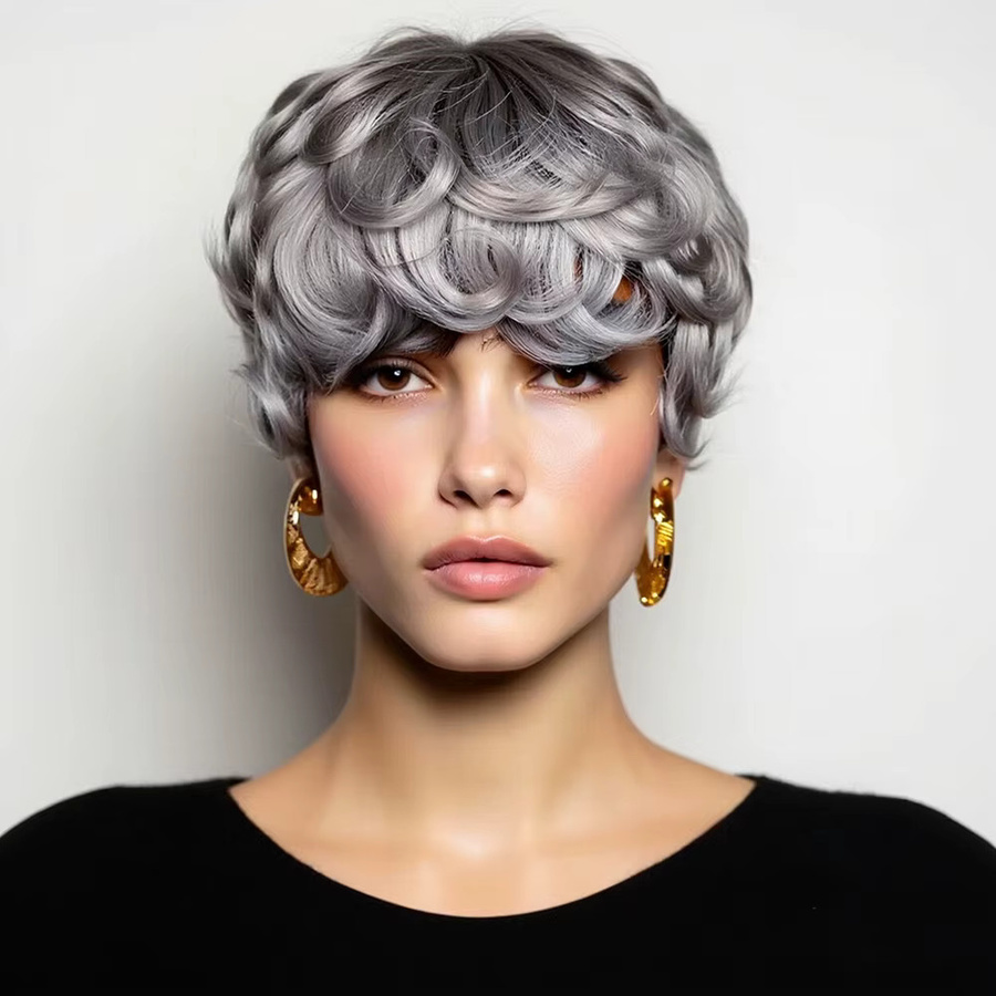 OYM HAIR Perücke, kurze Pixie-Perücke mit Pony, 100 % Echthaar, Grau - Bild 2