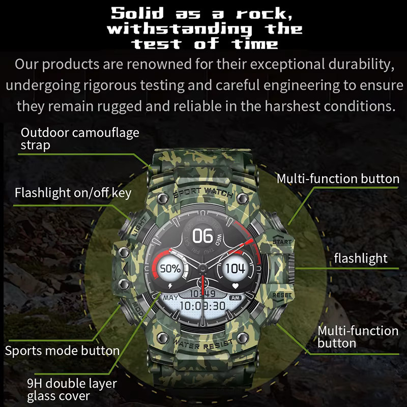 BOXUXING Militär Outdoor Smartwatch für Männer in Grün mit Bluetooth Anruffunktion, Herzfrequenzmessung, Kompass und IP68 Wasserdichtigkeit - Bild 5