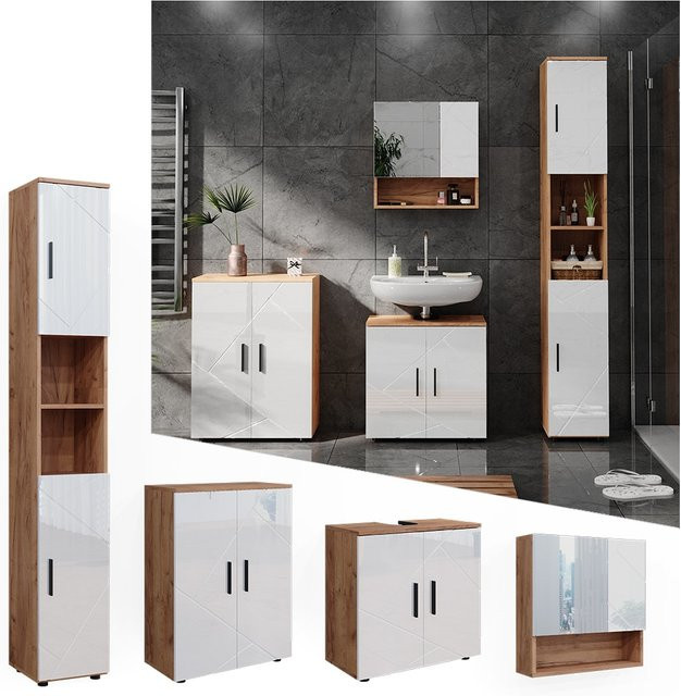 Vicco Badmöbelset Irma in Eiche und Weiß Hochglanz, modernes 4-teiliges Badezimmer-Set mit Hochschrank, Spiegelschrank, Waschtischunterschrank und Kommode - Bild 1