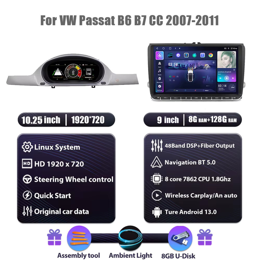 Prelingcar 10,25 Zoll Android Digital Cluster Dashboard für VW Passat B6 B7 CC 2007-2011 Navigation Radio Panel in Schwarz - Bild 7